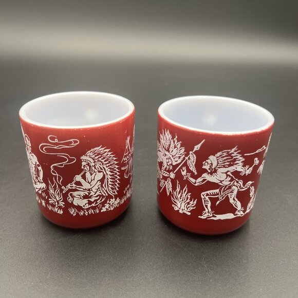 VTG Pair Of Hazel Atlas Western Childs Dark Red Milk Glass Mugs Native American - Picture 5 of 14